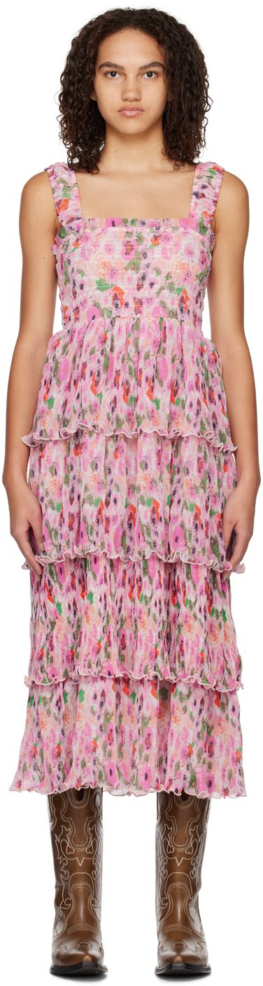 Ganni Pink Floral Midi Dress Ssense Uk