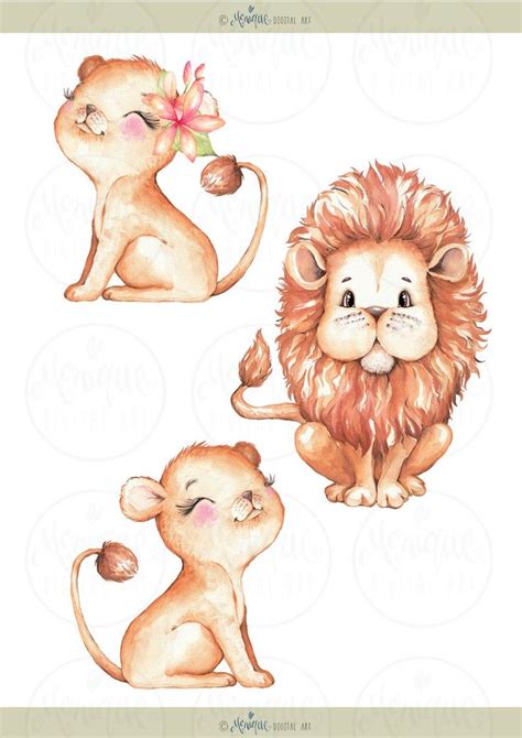 Three Watercolor Illustrations Of Lions With Flowers