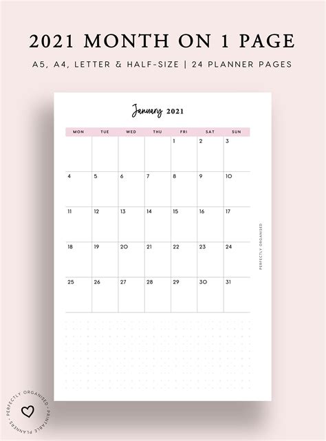 Printable 2021 Monthly Planner 2021 Month On 1 Page 2021 Etsy