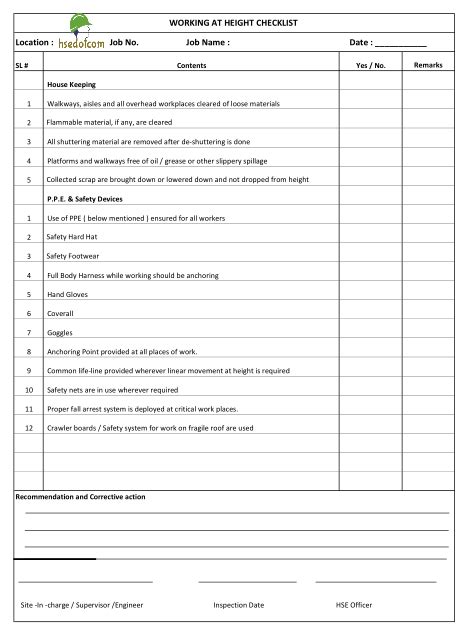 Free Download This Work At Height Job Inspection Checklist In Excel Format