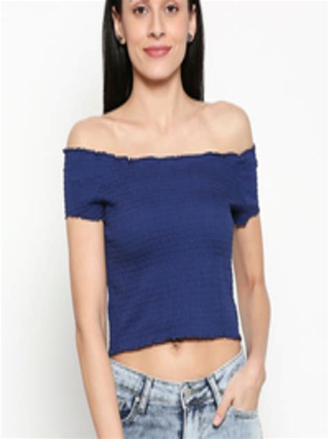 Buy People Women Blue Self Design Bardot Crop Pure Cotton Top Tops For Women 13325034 Myntra