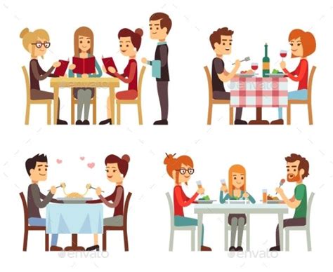People In Restaurant Eating Dinner Illustration Retro Illustration