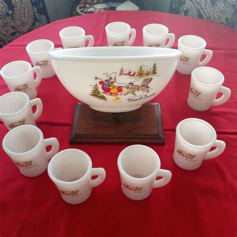Vintage Milk Glass Tom And Jerry Punch Bowl With 12 Cups Marked McK