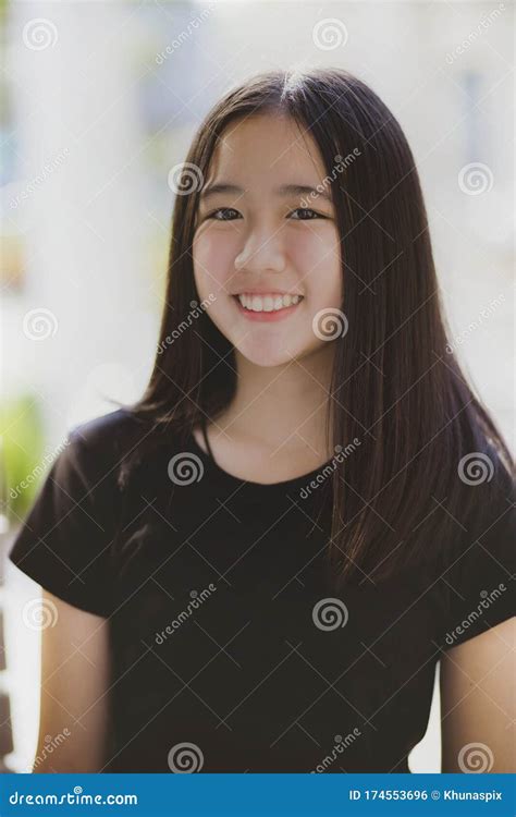 Portrait Asian Teenager Looking Eye Contact With Happiness Smiling Face