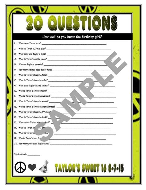 20 Questions Printable Birthday Game How Well Do You Know Etsy