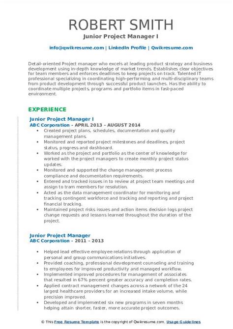 junior project manager resume samples qwikresume