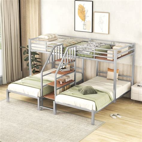 Metal Triple Bunk Bed With Storage Shelves And Staircase Bed Bath