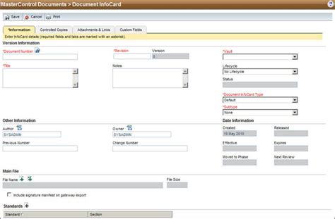 Mastercontrol Online Help Creating An Infocard For Electronic Documents