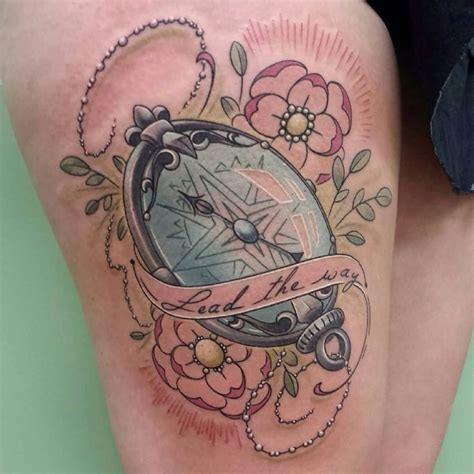 Pink Flowers And Feminine Compass Tattoo On Right Thigh Feminine