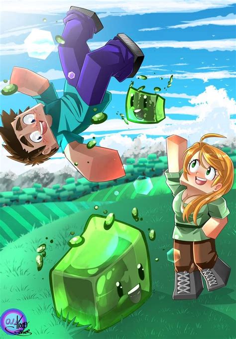 Steve And Alex Playing With Slimes By B0ss23 On Deviantart Minecraft Drawings Minecraft