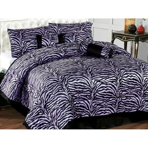 7 Pc Micro Fur Flocking Zebra Pattern Comforter Set Purple Black