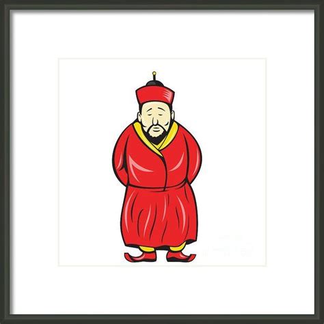 Chinese Asian Man Wearing Robe Cartoon Framed Print By Aloysius