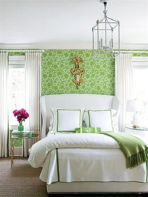 Lovely Green Floral Bedroom With Wallpaper Theme Green And White