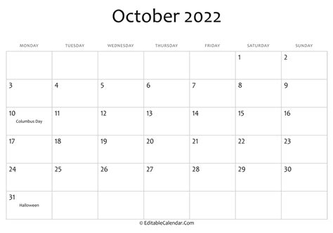 October 2022 Printable Calendar With Holidays