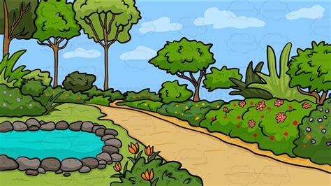 Explore the land and water environments in a mangrove. A Country Garden With Pond Background - Clipart Cartoons By VectorToons