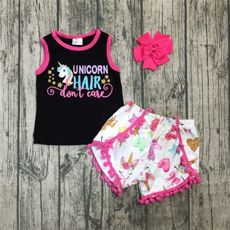 New Arrivals Summer Outfit Hot Pink Unicorn Shorts Set Hot Pink Pom Pom