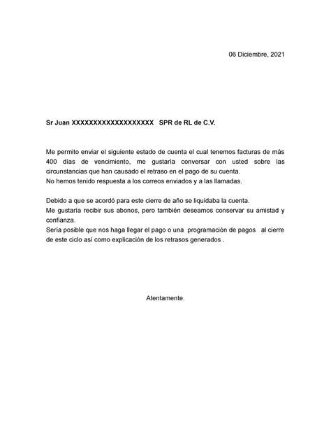 Carta De Cobranza Dirigida A Clientes Morosos 06 Diciembre 2021 Sr