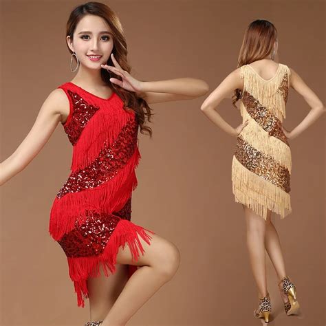 New Design Shining Women Sexy Dancing Dress Slim Tassels Sequins Latin Dance Clothes Costume