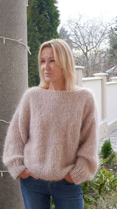 Fluffy Mohair Sweater Light Beige Sweater Loose Fit Sweater Etsy Uk