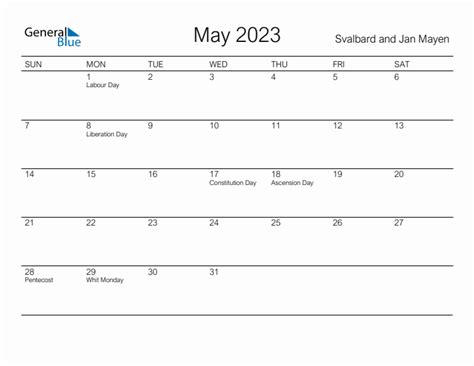 Printable May 2023 Monthly Calendar With Holidays For Svalbard And Jan