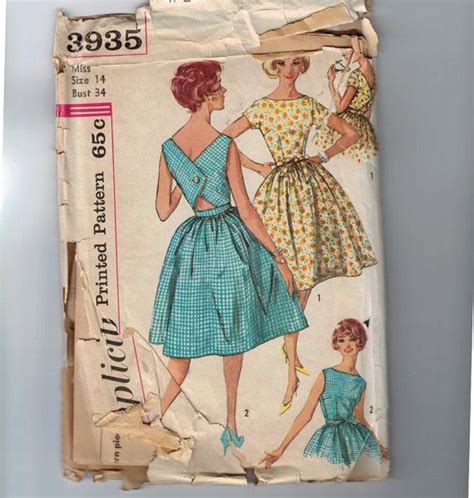 1960s Vintage Sewing Pattern Simplicity 3935 Misses Full Skirted Party Dress Size 14 Bust 34 60s