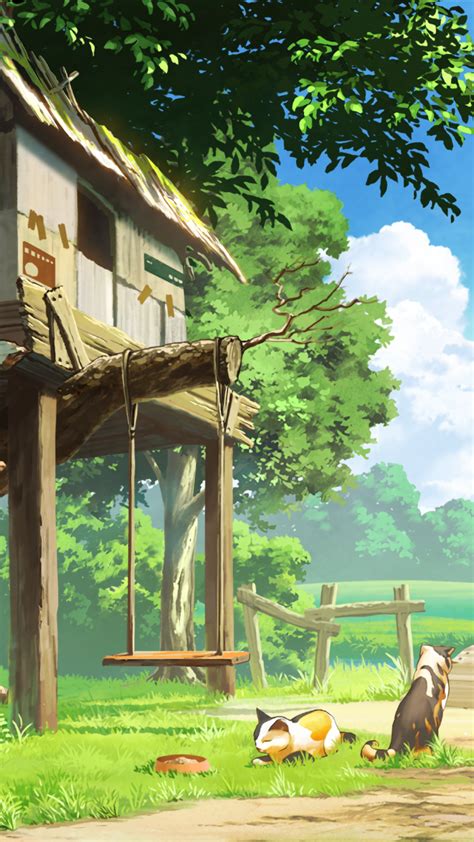 Download 1080x1920 Anime Landscape Tree House Cats Clouds Scenic Wallpapers For Iphone 8