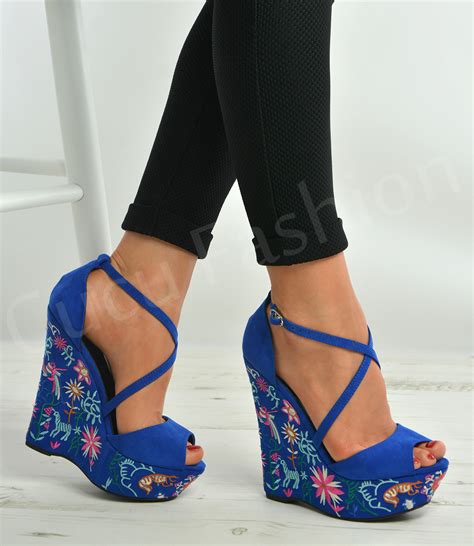 Ladies Womens Floral Wedge Platforms High Heels Ankle Strap Shoes Size Uk 3 8 Ebay