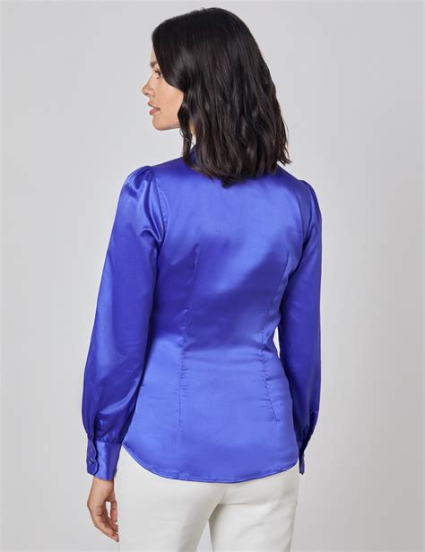 plain satin women s fitted blouse with single cuff and pussy bow in electric blue hawes and curtis