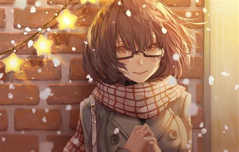 Wallpaper Meganekko Anime Girl Smiling Scarf Glasses Short Hair