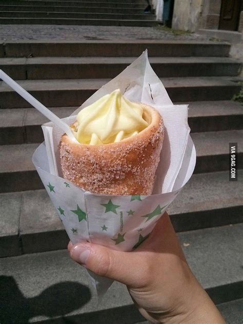 Traditional Czech Trdelnik A Sweet And Cinnamon Flavoured Pastry Filled With Ice Cream Nutella
