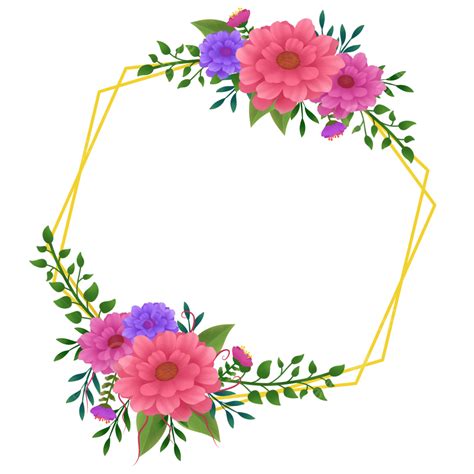 Gambar Bingkai Emas Segi Enam Dihiasi Dengan Karangan Bunga Yang Indah