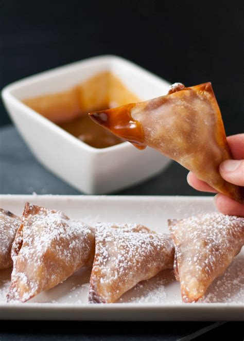 Since gyoza or wonton wrappers and vegan pasta dough are often hard to find at the grocery stores, i always homemade dumpling dough not only tastes fresher and better, but the wonton wrapper can also be made ahead the full recipe with exact measurements can be found in the recipe box below. Wonton Apple Pies with Caramel Dipping Sauce