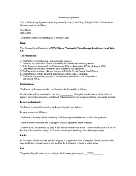 If the partnership survives, the remaining partner(s) will pay, within a reasonable time, the departing partner, or the deceased partner's estate, the fair market value of the departing partner's share of the business as of the date of his or her departure. 10+ 50/50 Partnership Agreement Templates Examples - PDF ...