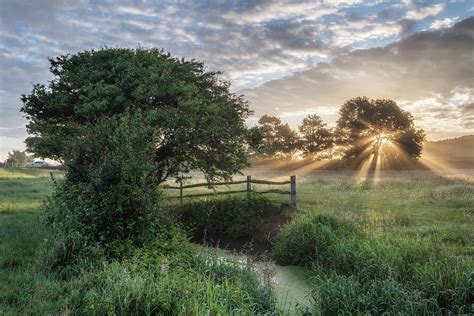 Beautiful Vibrant Summer Sunrise Over English Countryside Landsc