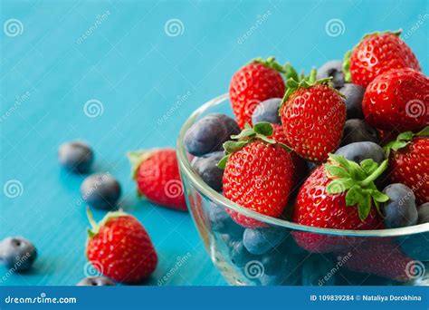 Glass Bowl With Assortment Berries Blueberries Strawberries Over