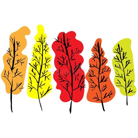 Naked Trees Silhouettes Hand Drawn Autumn Set Vector Illustration