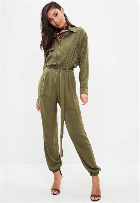 Lyst Missguided Khaki Satin Utility Jumpsuit In Green