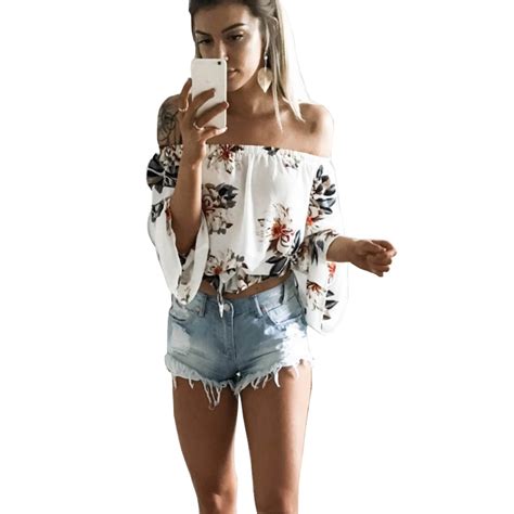 2018 Women Off Shoulder T Shirt White Sexy Full Flare Sleeve Floral