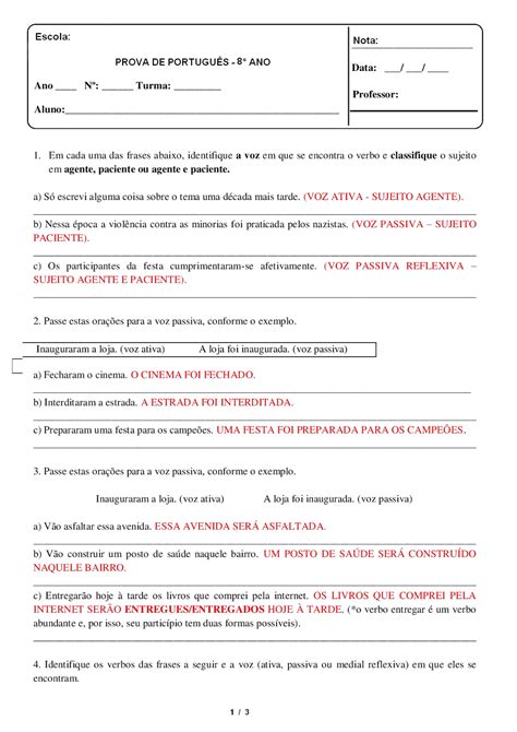 Vozes Verbais Exercícios 8 Ano