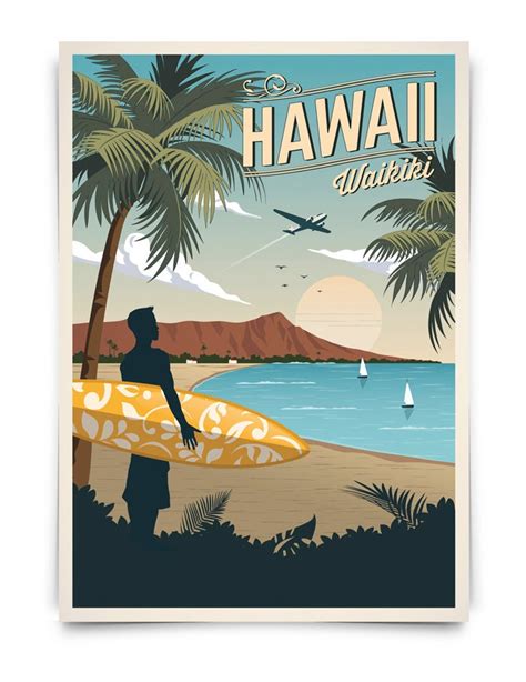 hawaii vintage travel poster surf poster waikiki travel decoration wall art exotic polynesia