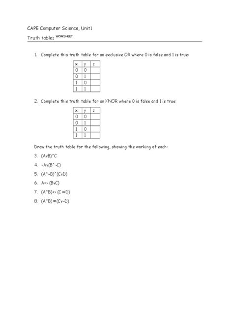 Truth Tables Worksheetdoc