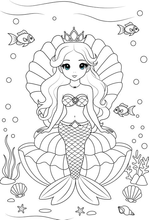 Premium Vector Coloring Page Chibi Mermaid On A Seashell Throne