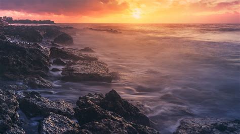 Nature Landscape Sea Waves Sunset Rock Coast Wallpapers Hd