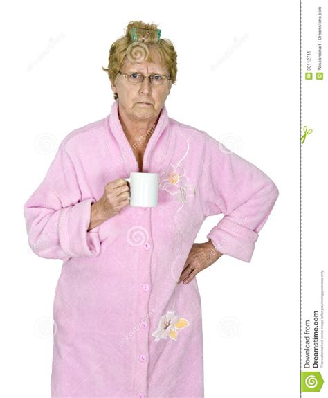 Funny Angry Mature Woman Morning Coffee Isolated Stock