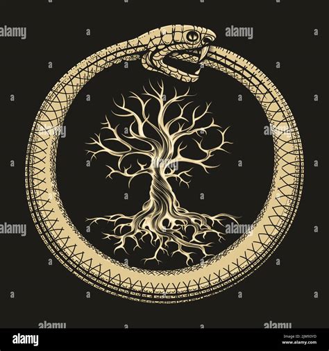 Esoteric Illustration Of Ouroboros Snake And Tree Of Life Isolated On