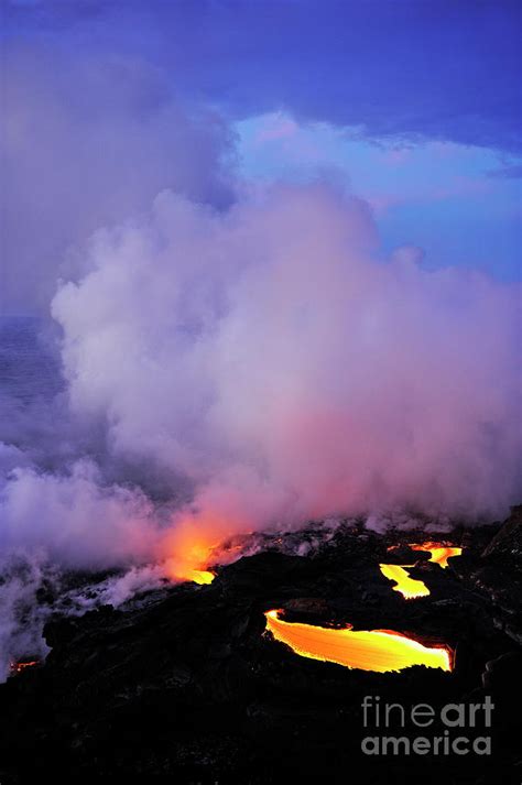 Steam Rising Off Lava Flowing Into Ocean Photograph By Sami Sarkis