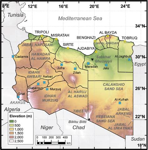 Elevational Map Of Libya Showing The Major Features Of The Country