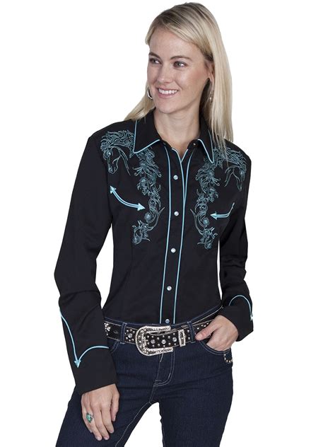 Scully Western Womens Turquoise Polyester Ls Horse Western Shirt
