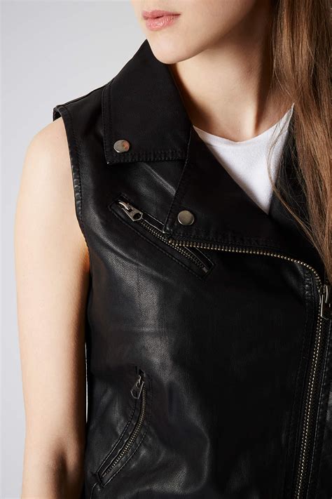 Topshop Sleeveless Faux Leather Jacket In Black Lyst