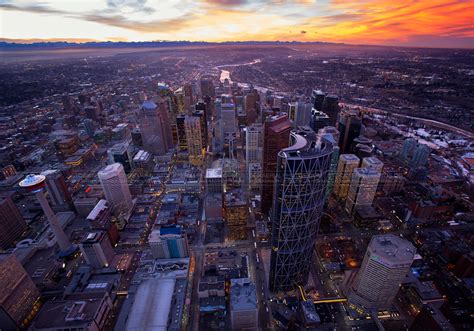 Aerial Photo Calgary City Skyline At Dusk